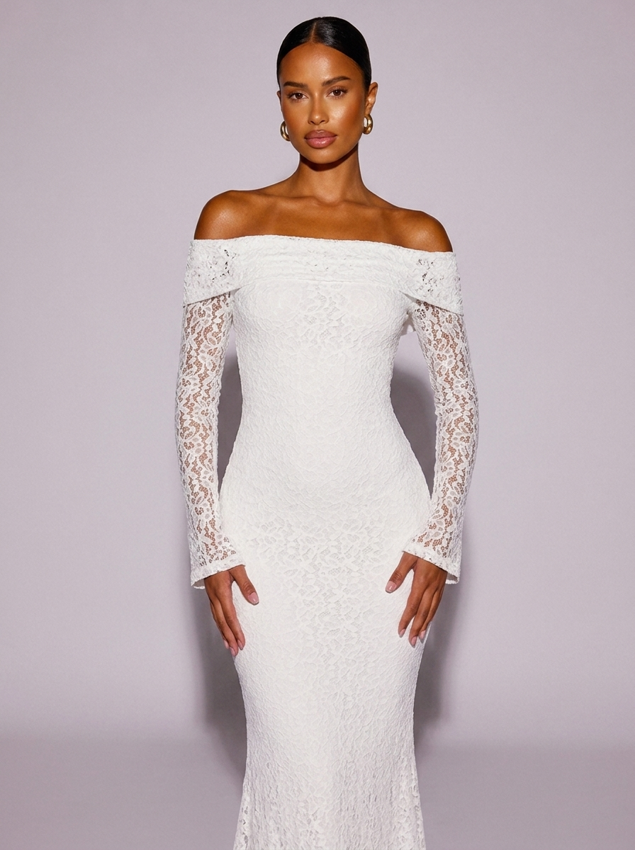Paris Off-Shoulder Lace Bodycon Dress in White