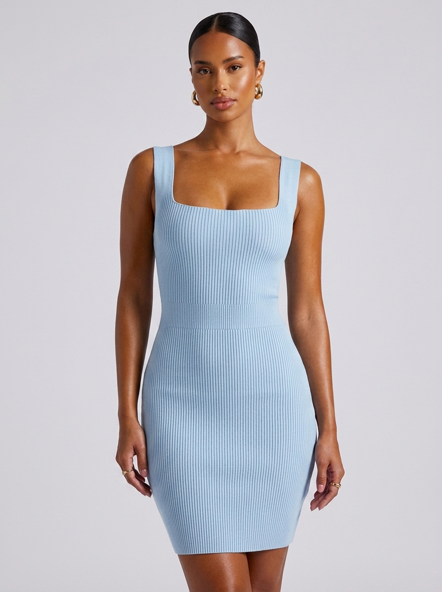 London Ribbed Knit Bodycon Mermaid Dress in Light Blue
