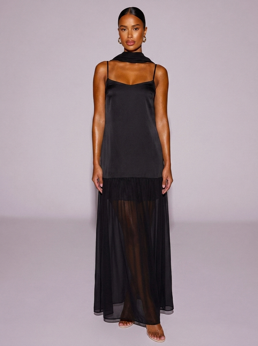 Monaco Adjustable Strap Cami Scarf Dress in Black