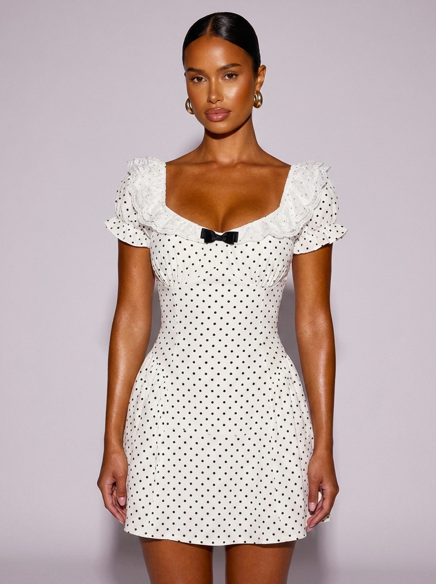 London Lace Detail Polka Dot Dress in White