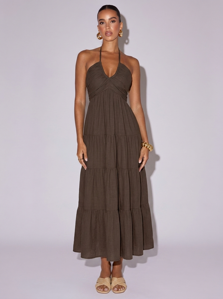 Los Angeles Halter Neck Tiered Dress in Dark Brown