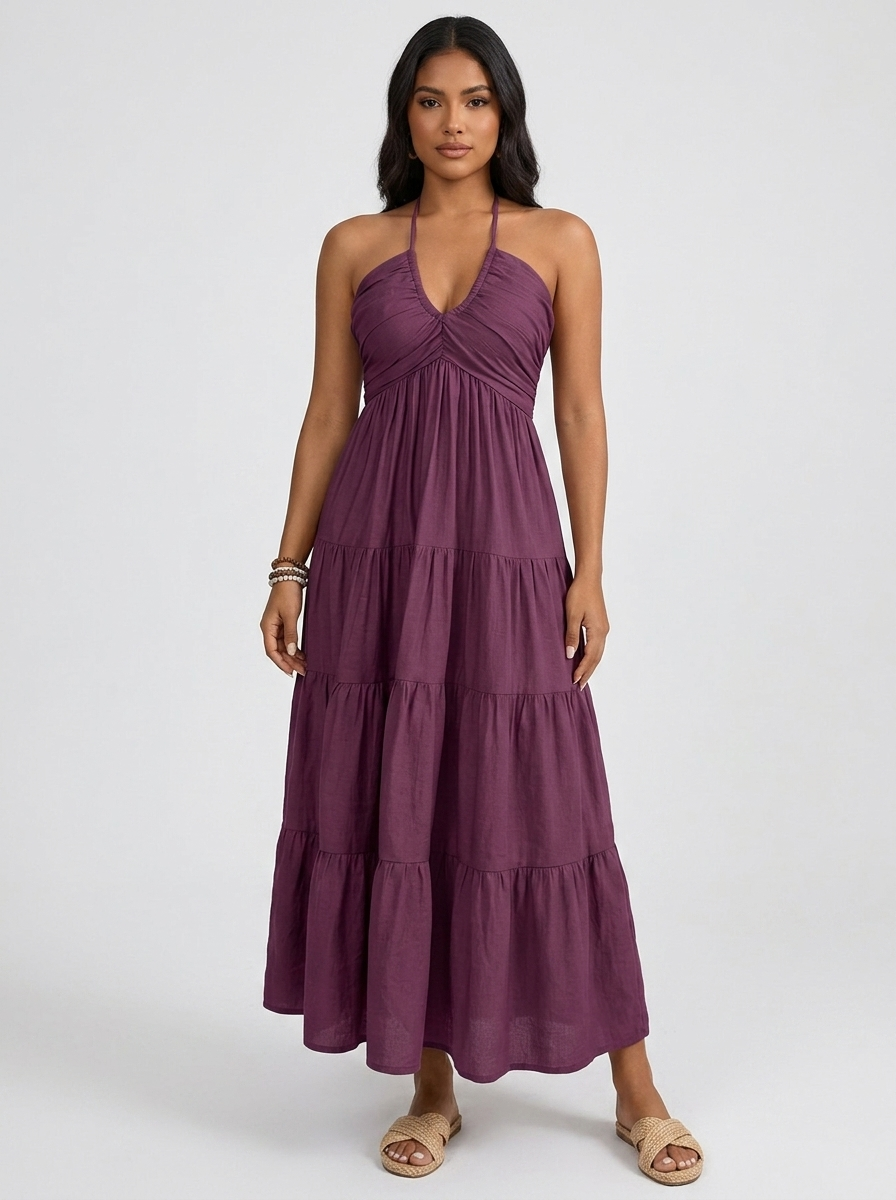 Los Angeles Halter Neck Tiered Dress in Plum Purple