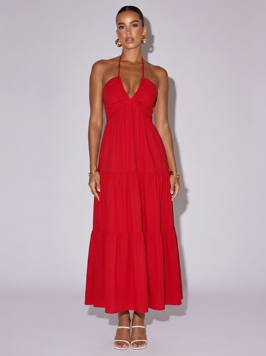 Ibiza Halter Neck Tiered Dress in Red