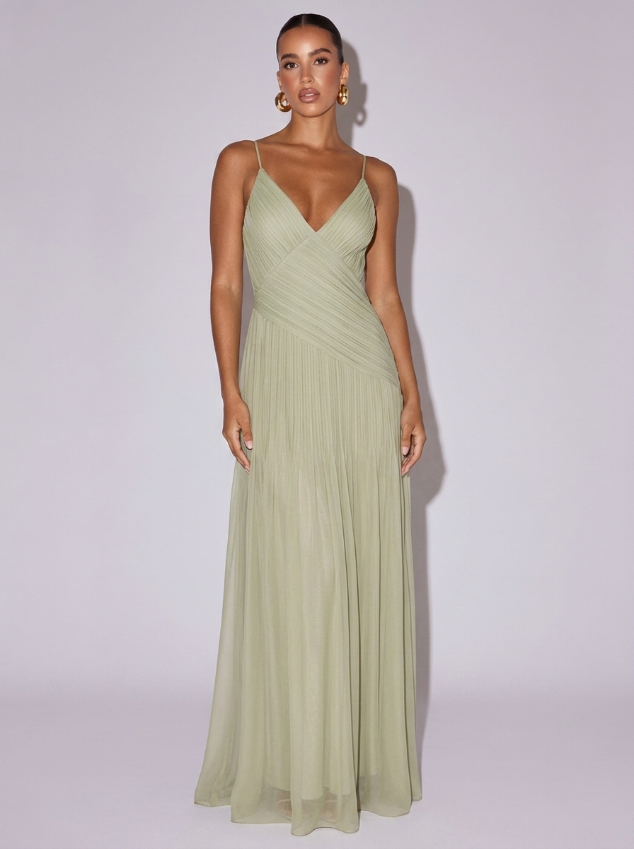 Rome Elegant Pleated Sheer Cami Dress in Green