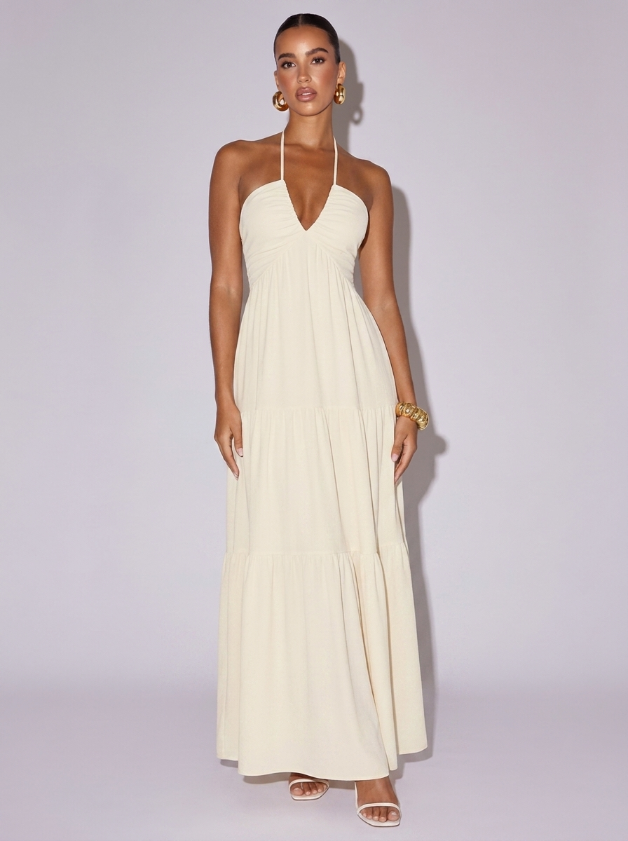 Ibiza Halter Neck Tiered Dress in Apricot