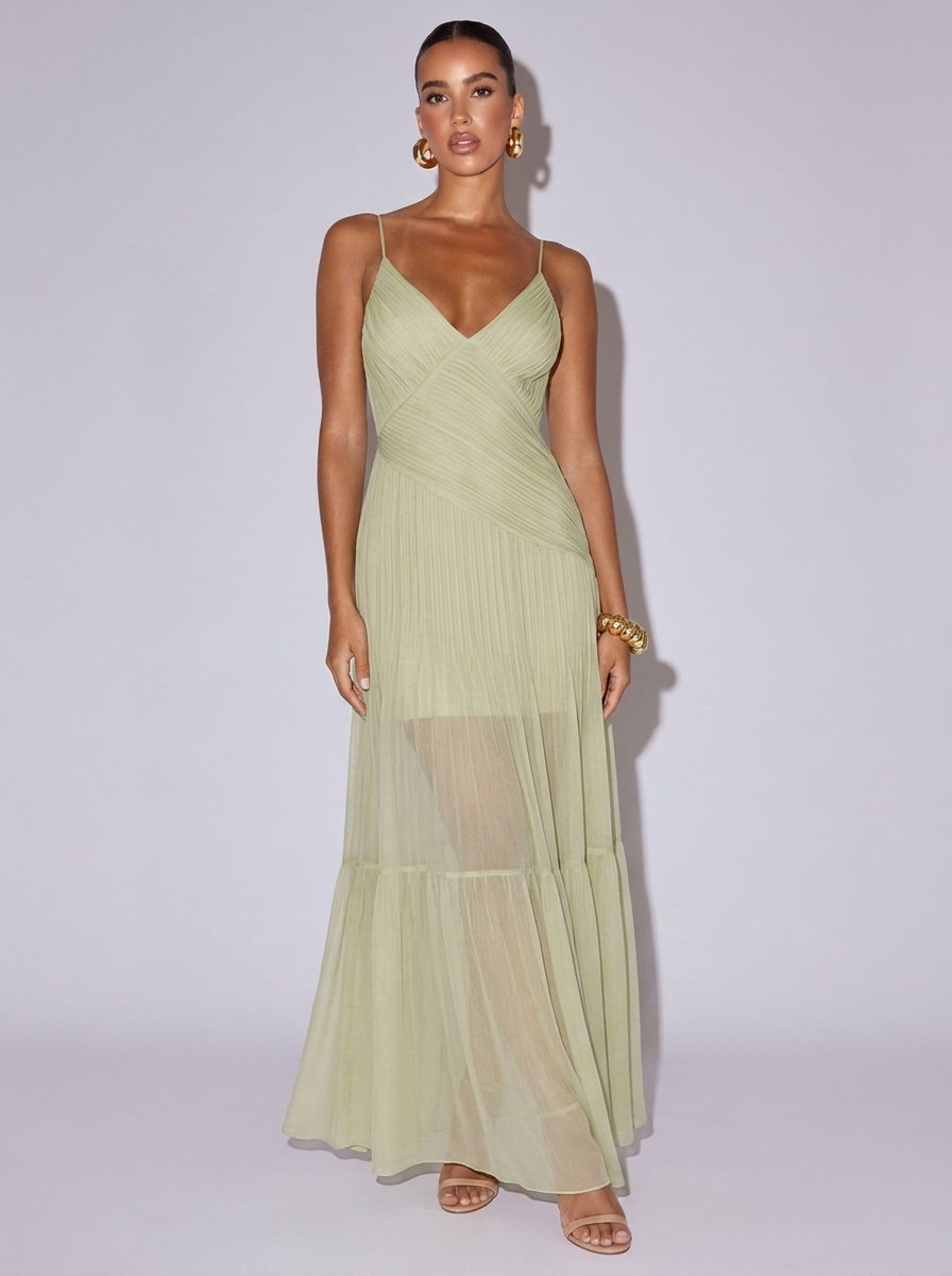 Rome Elegant Pleated Sheer Cami Dress in Green