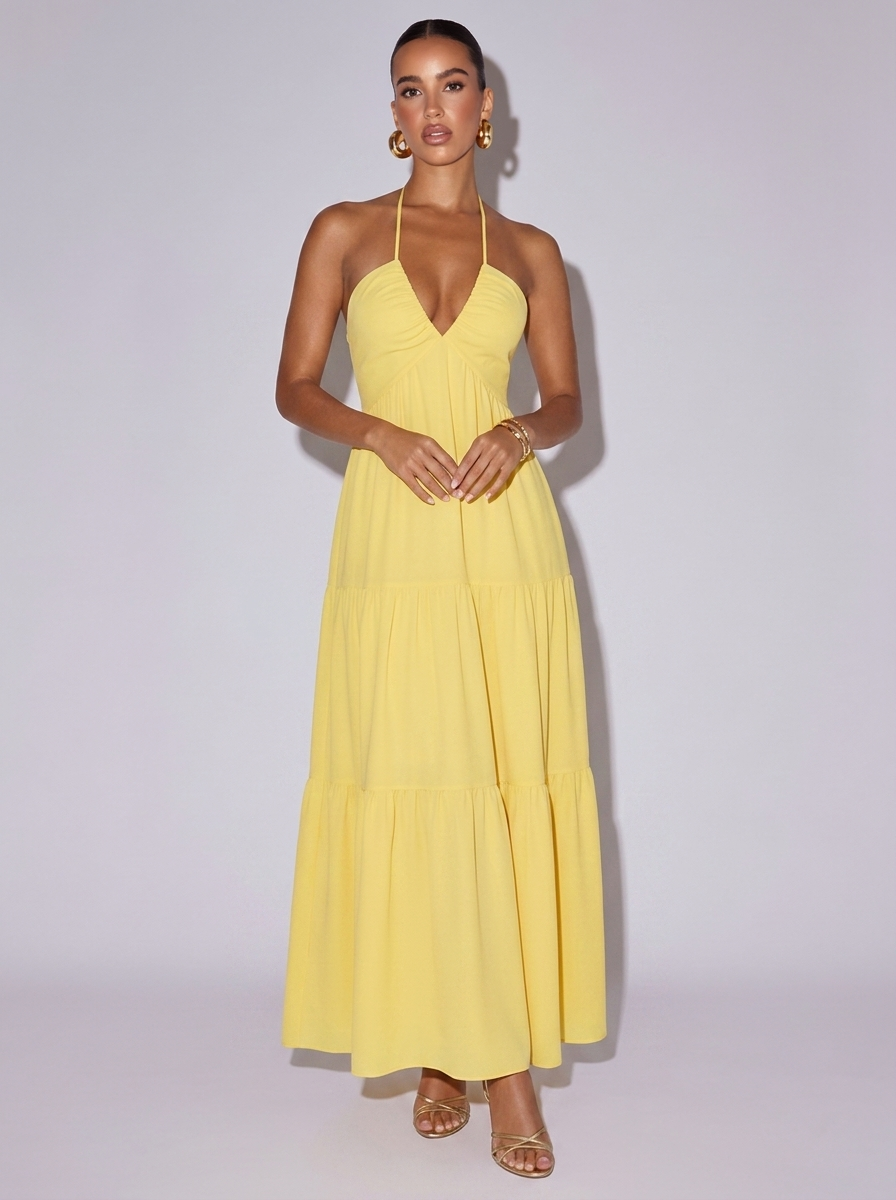 Ibiza Halter Neck Tiered Dress in Yellow