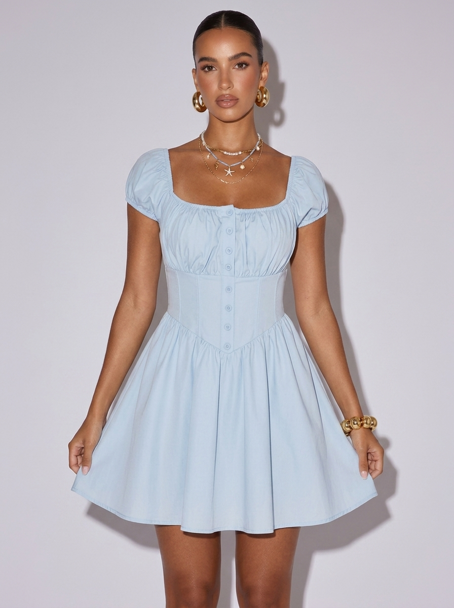 Paris Ruched Puff Sleeve Dress in Light Blue