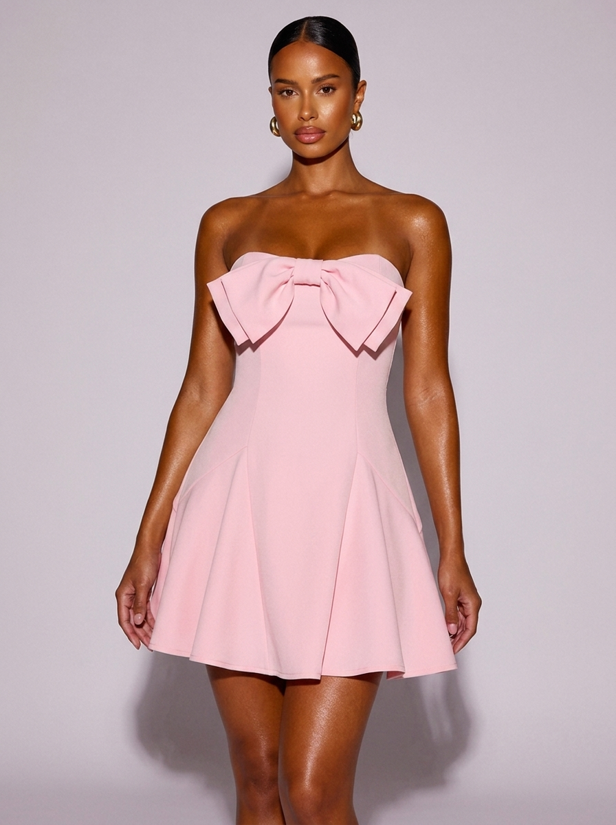 Paris Bow Tube A-Line Dress in Pink