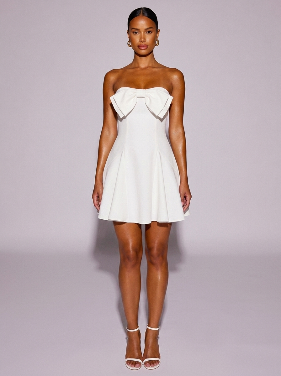 Paris Bow Tube A-Line Dress in White