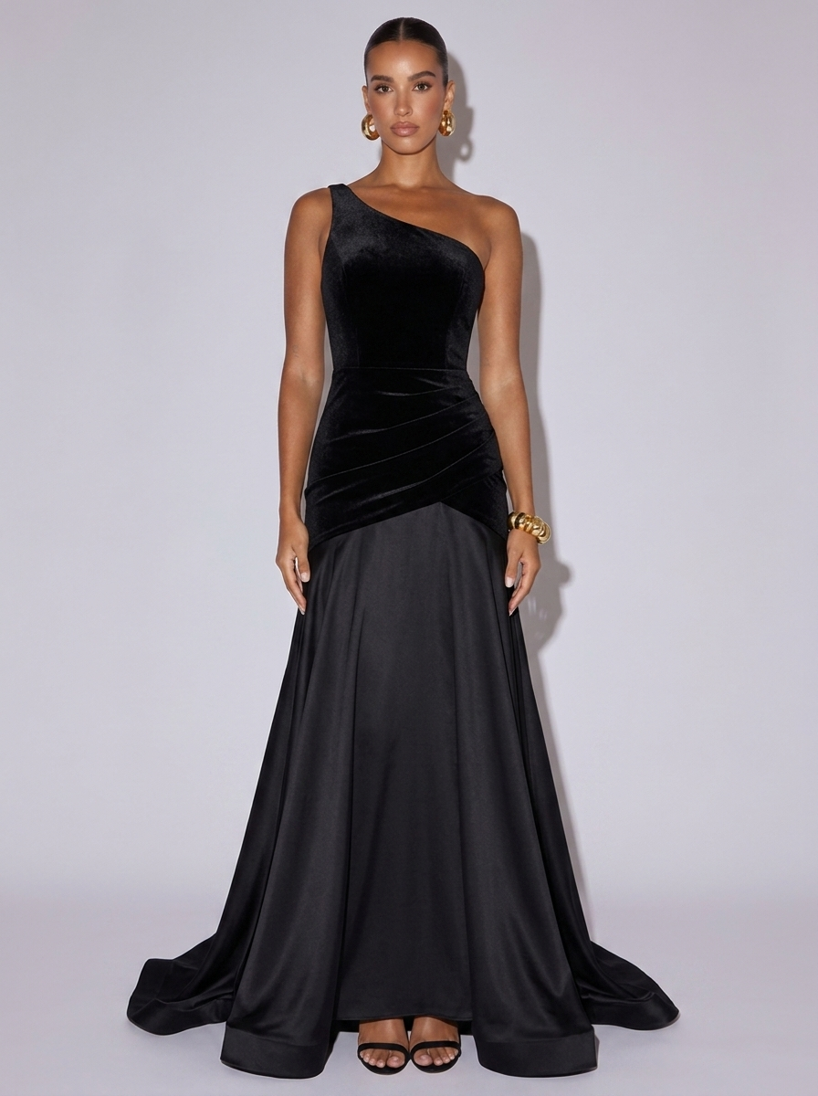 Monaco Single Shoulder Floor Length Dress in Black