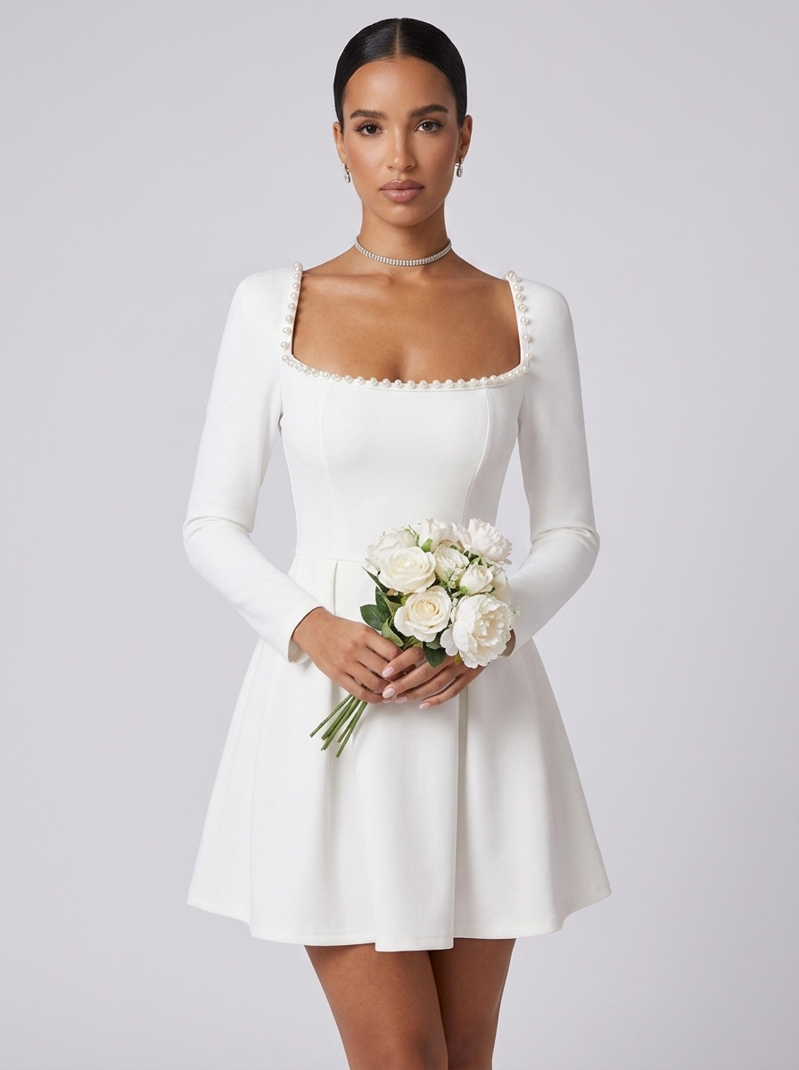 Paris Pearl Trim Long Sleeve Dress in White