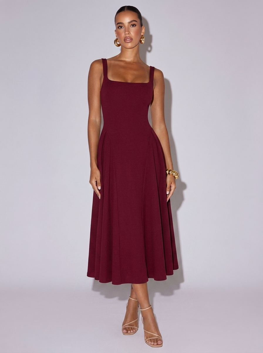 Amsterdam Square Neck Wide Strap Dress in Burgundy