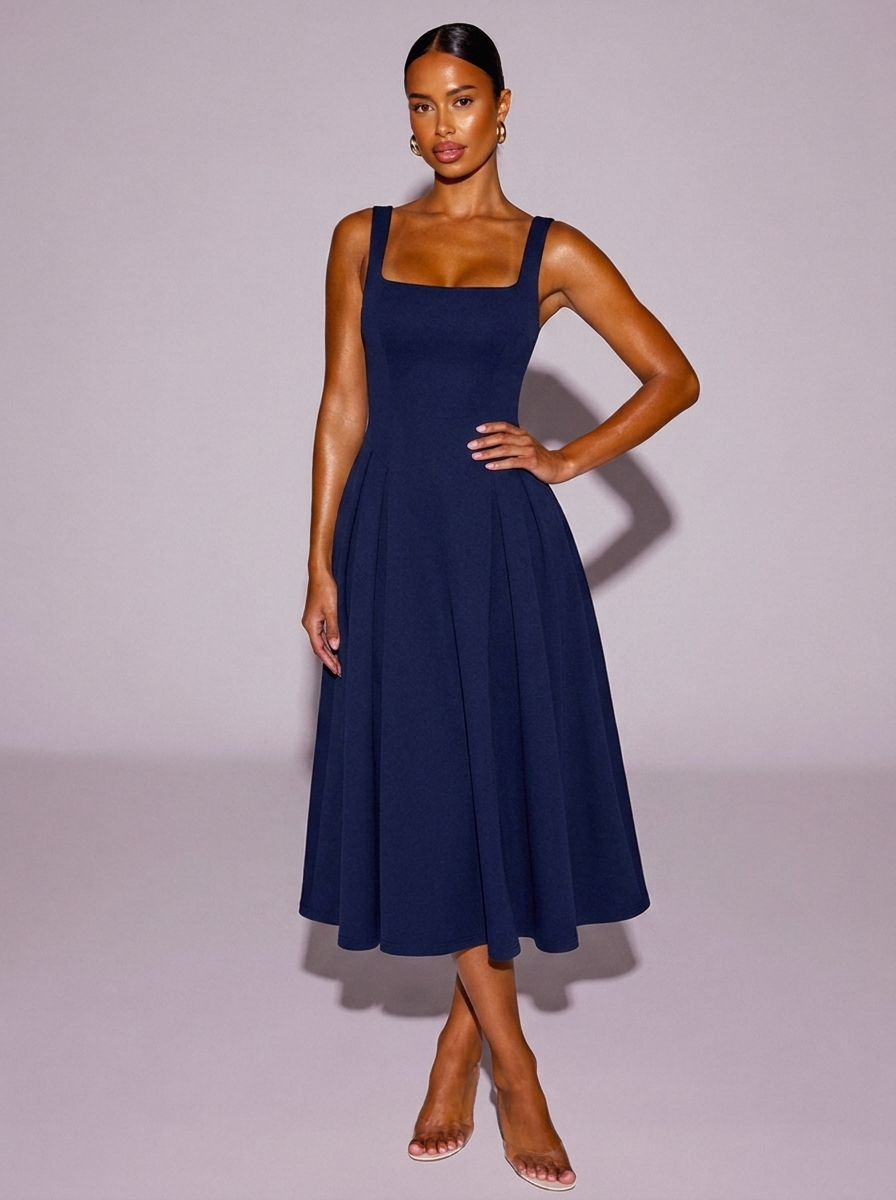 Amsterdam Square Neck Wide Strap Dress in Navy