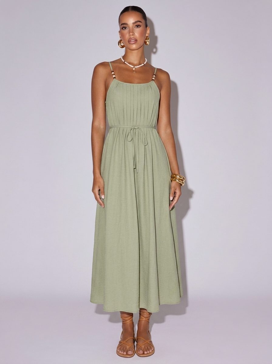 Ibiza Pleated Adjustable Strap Dress in Sage