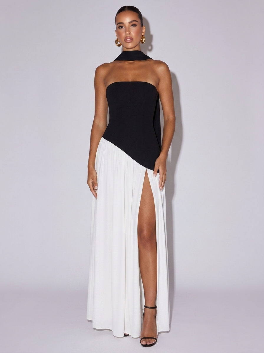 Monaco Slit Asymmetrical Two-Tone Tube Dress in Black And White