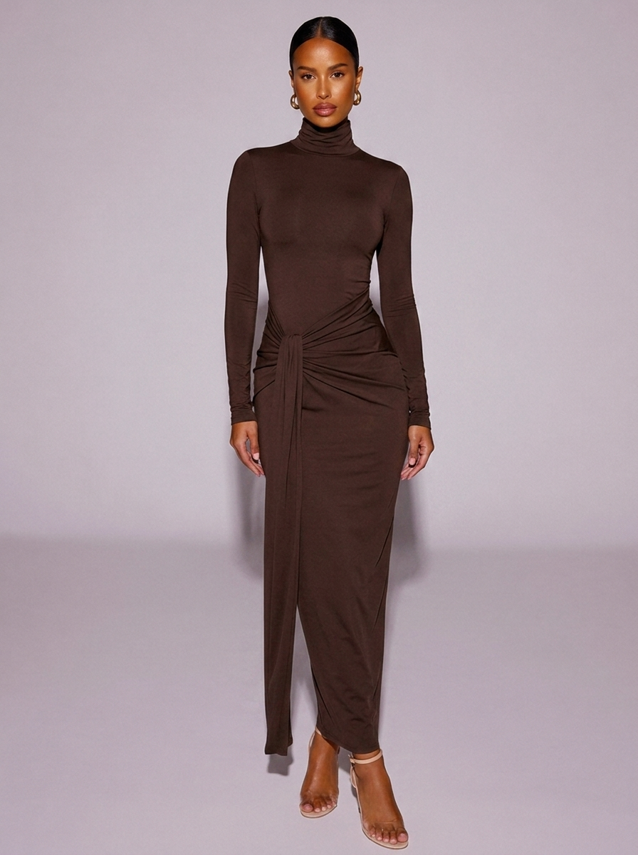 New York Turtleneck Long Sleeve Tie Waist Dress in Coffee Brown