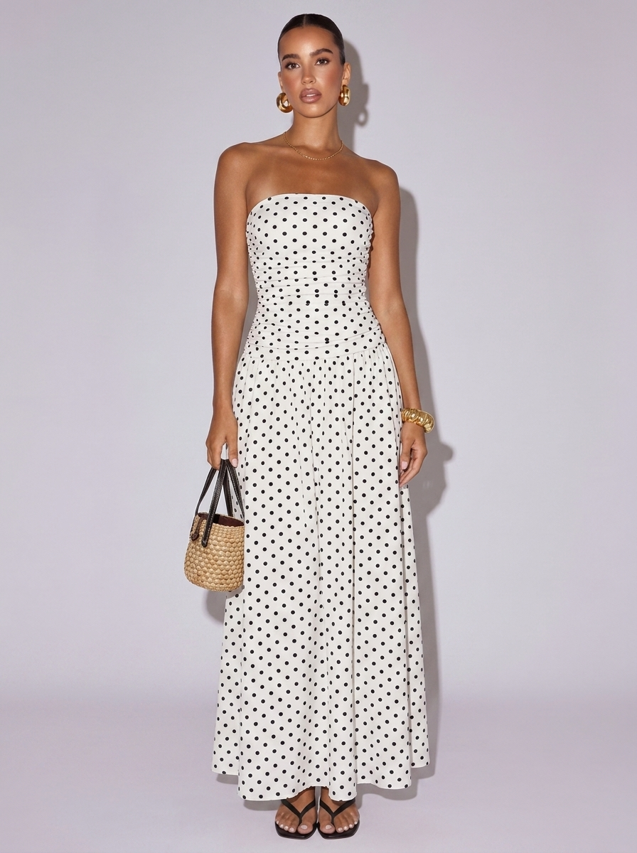 Monaco Polka Dot Ruched Strapless Dress in White