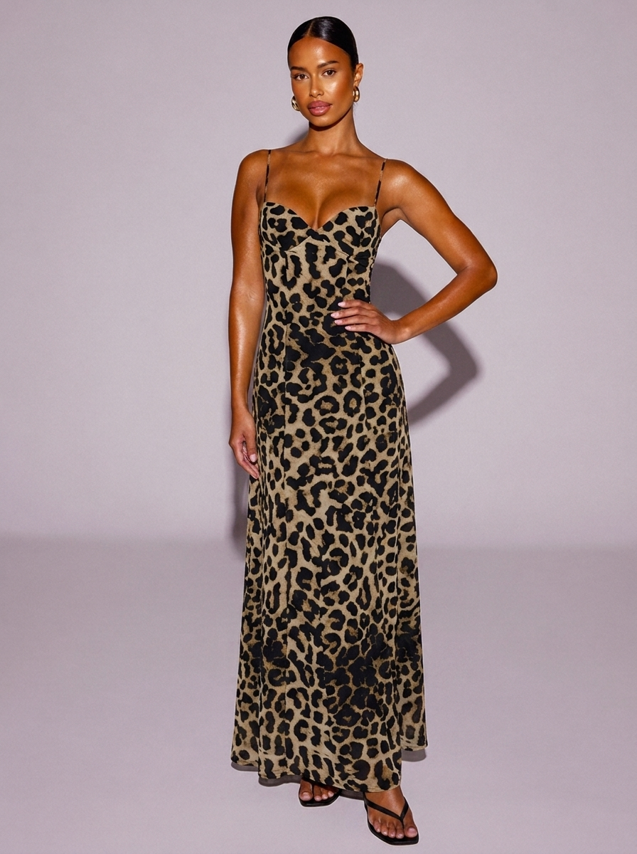 Los Angeles Leopard Sweetheart Neck Dress in Leopard
