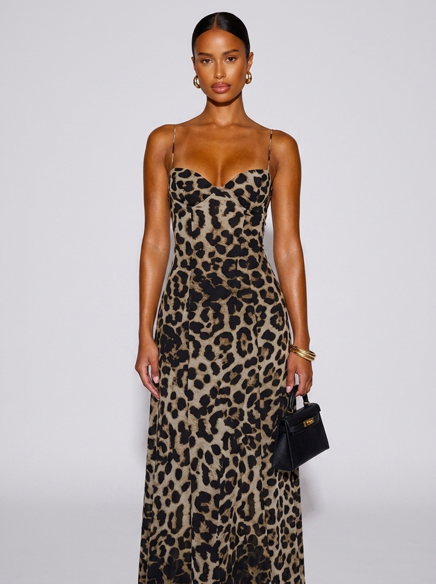 Los Angeles Leopard Sweetheart Neck Dress in Leopard