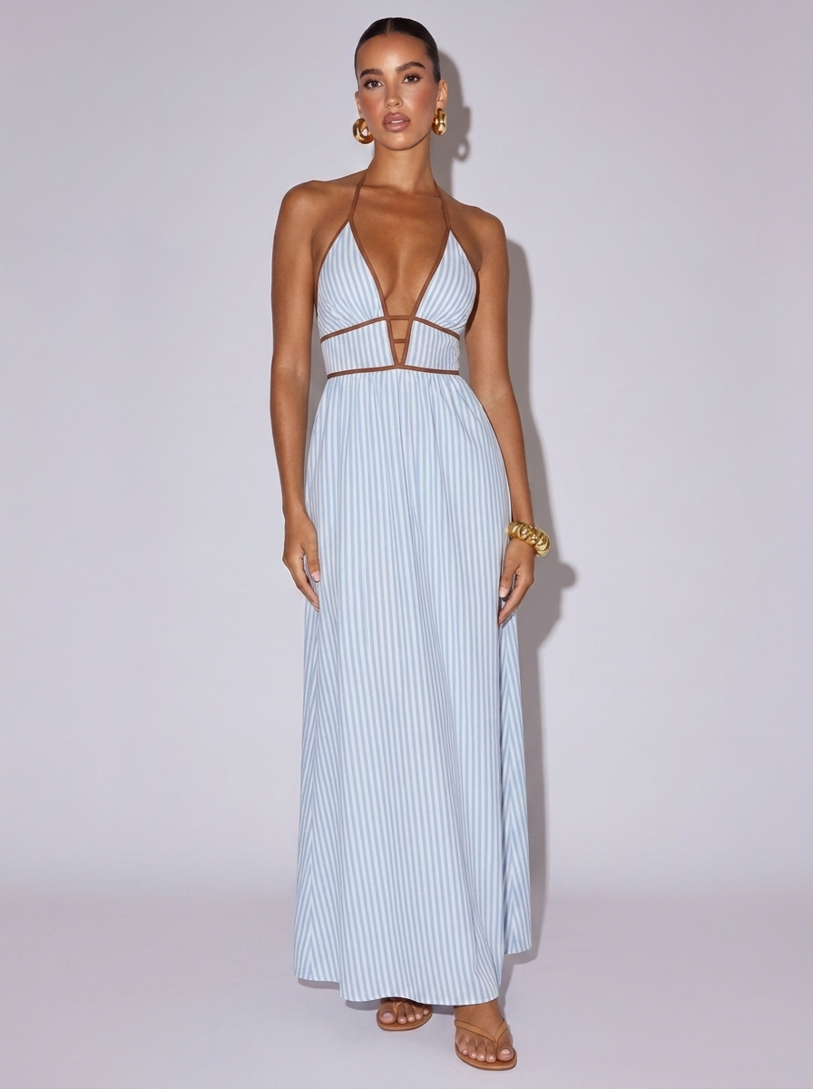 Santorini Smocked Striped Halter Neck Dress in Light Blue