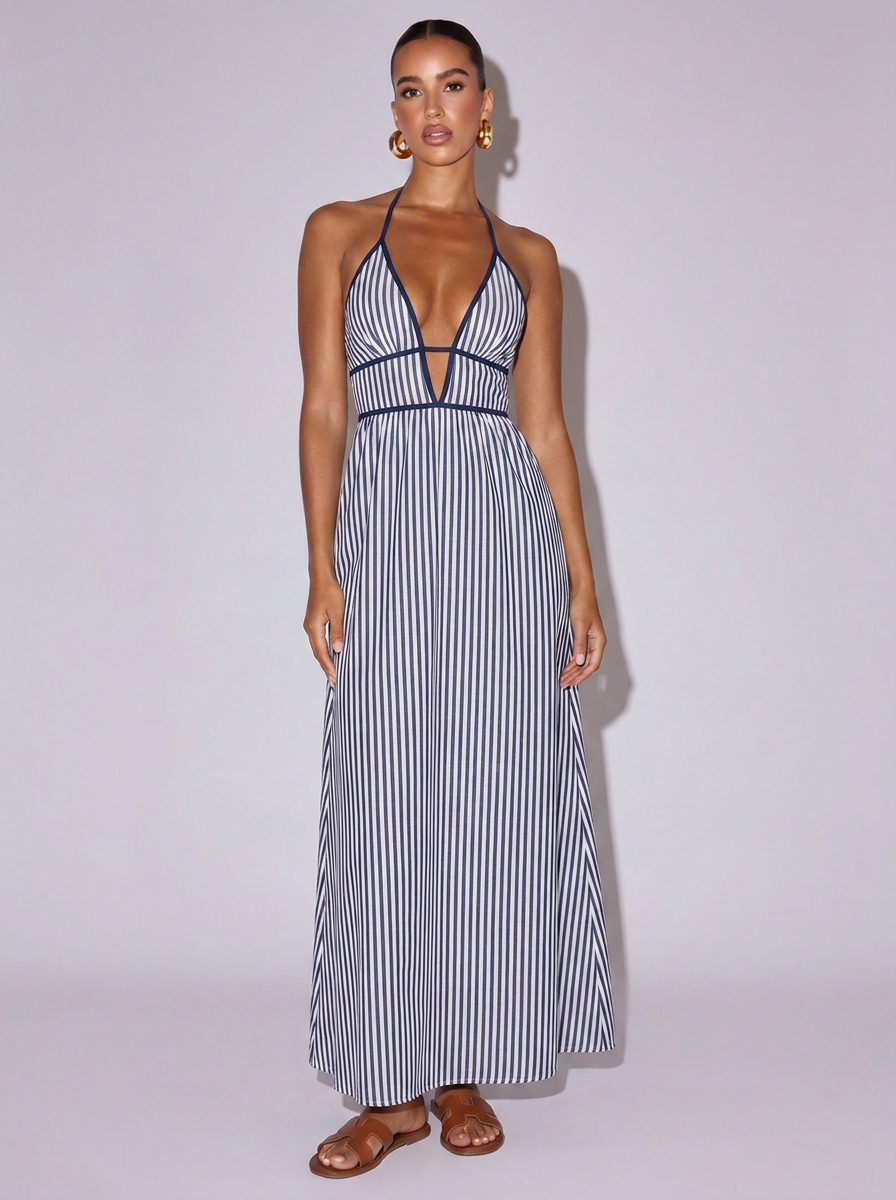 Santorini Smocked Striped Halter Neck Dress in Dark Blue