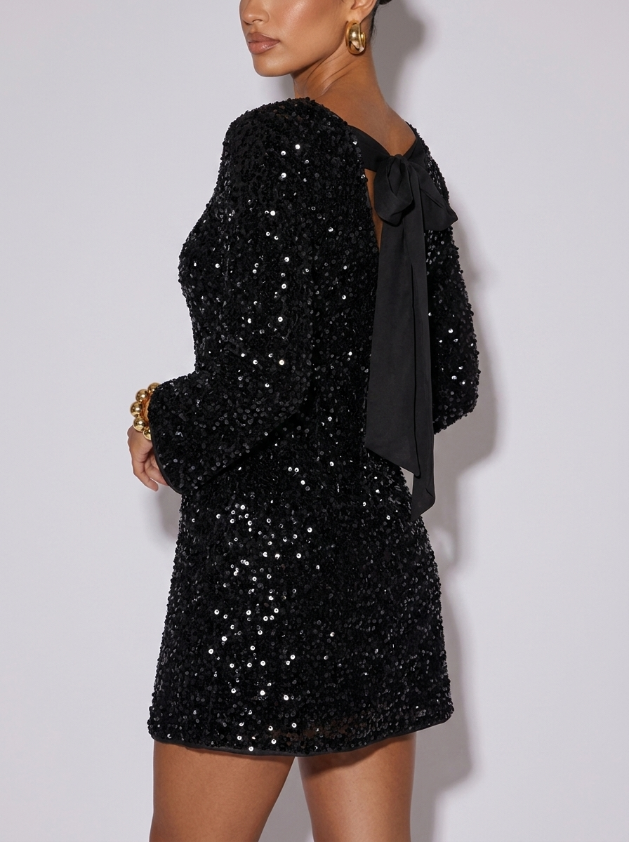 New York Sequin Round Neck Dress in Black