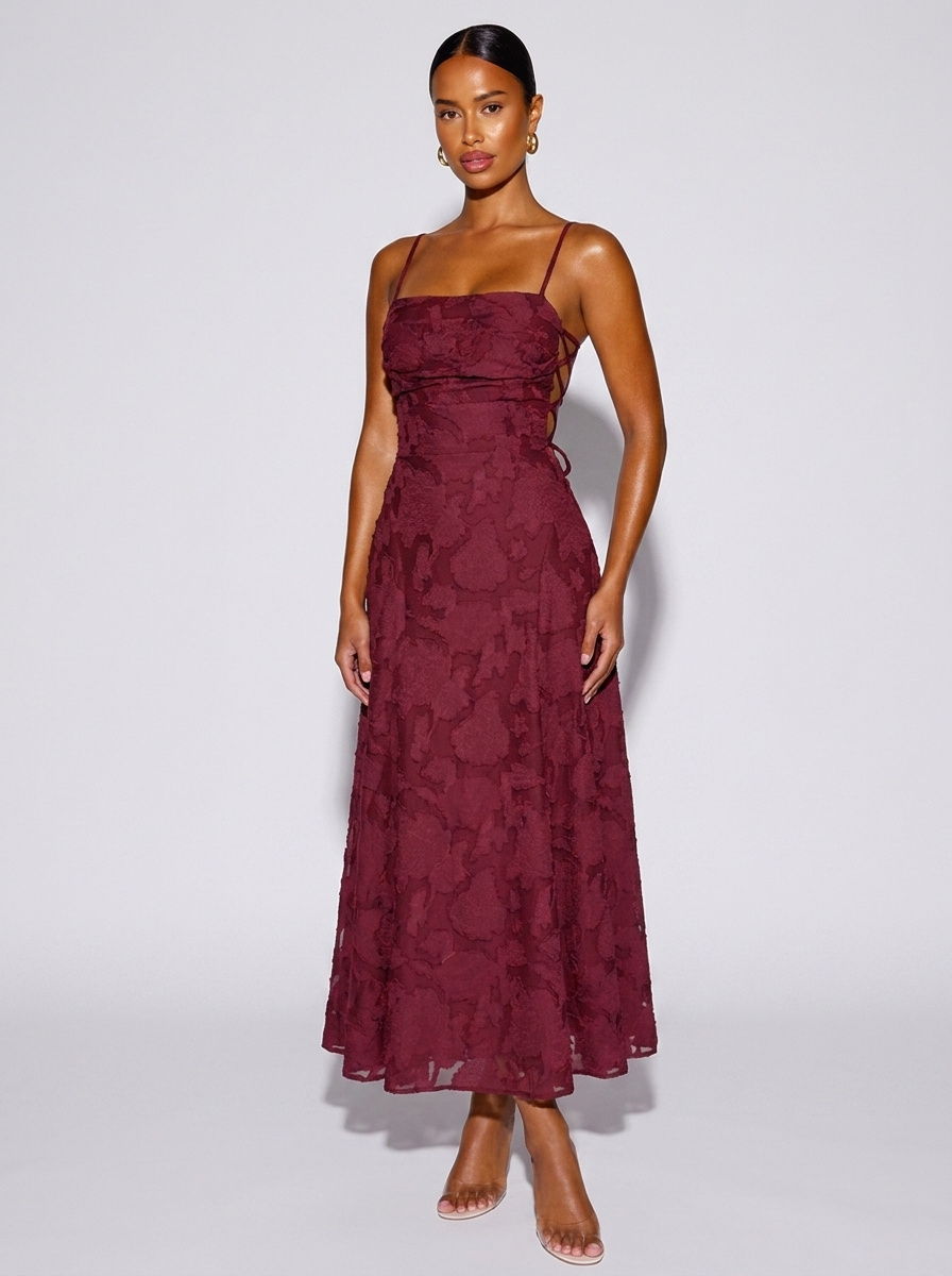 Paris Lace Up Back Spaghetti Strap Dress in Wine Red