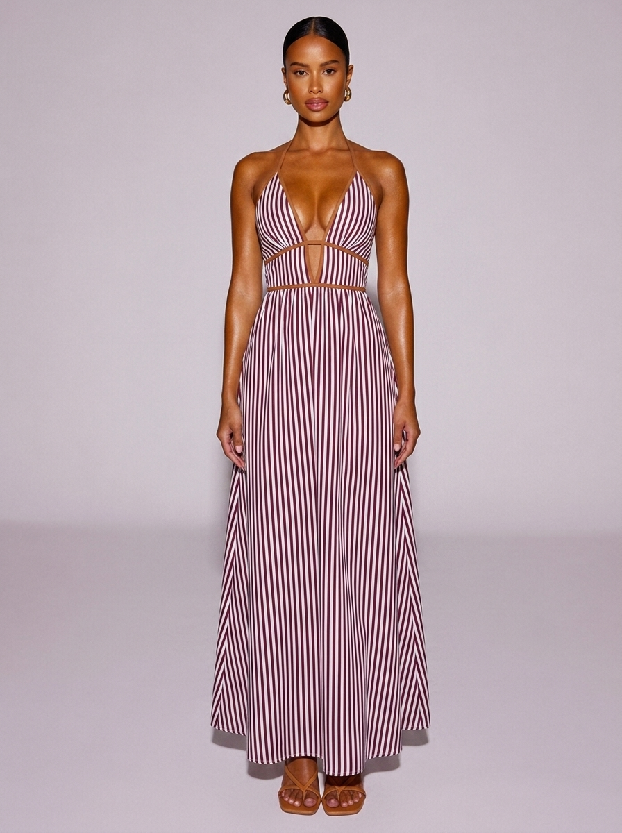 Santorini Tied Cotton-Blend Striped Halter Neck Dress in Burgundy