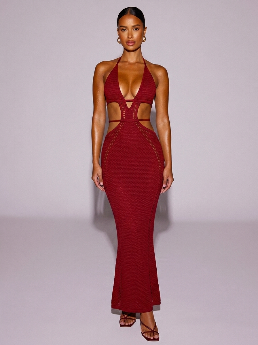 Ibiza Halter Neck Cutout Knitted Dress in Deep Red