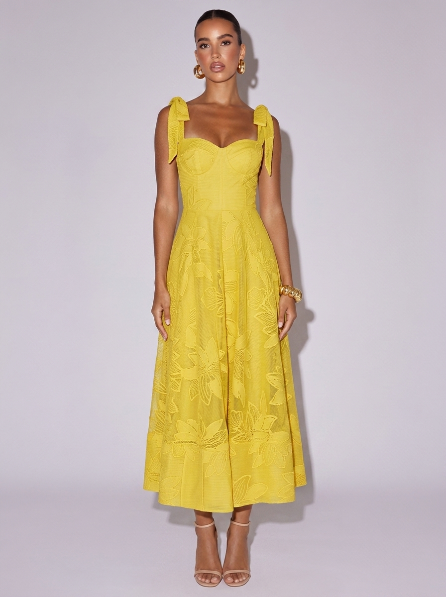 Amsterdam Sweetheart Neck Tie-Strap Dress in Yellow