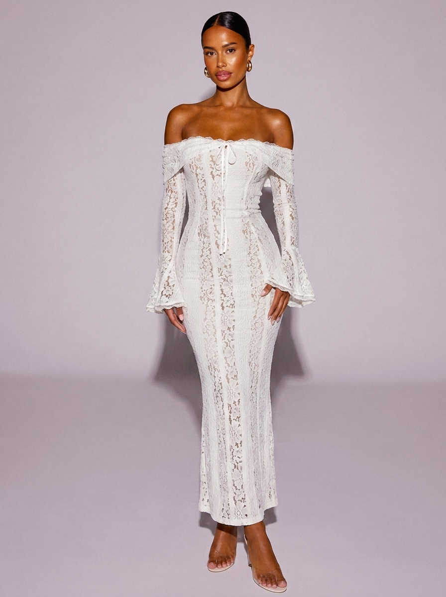 Monaco Lace Off-Shoulder Flounce Sleeve Dress in White