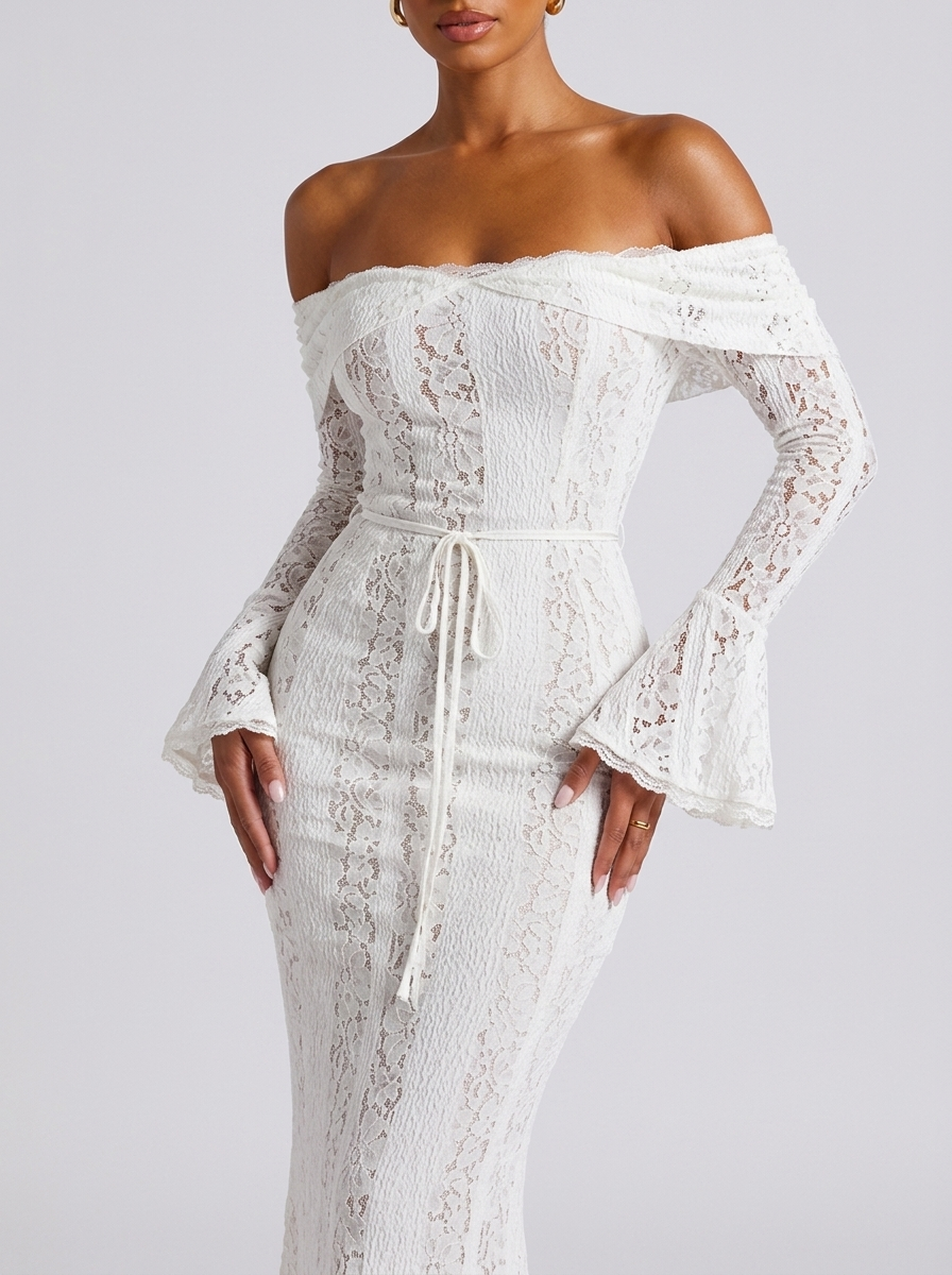 Monaco Lace Off-Shoulder Flounce Sleeve Dress in White