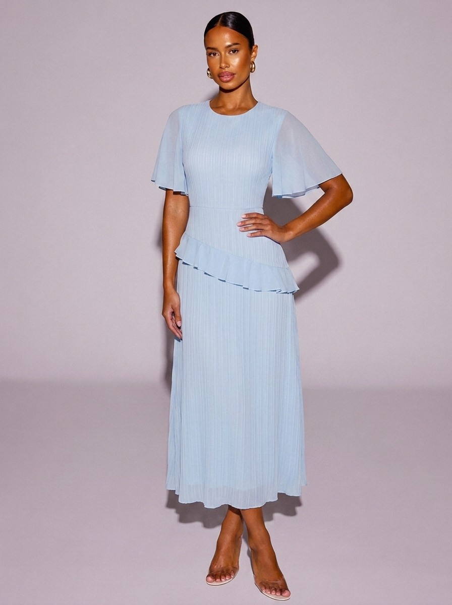 Amsterdam Ruffled Flutter Sleeve Dress in Light Blue
