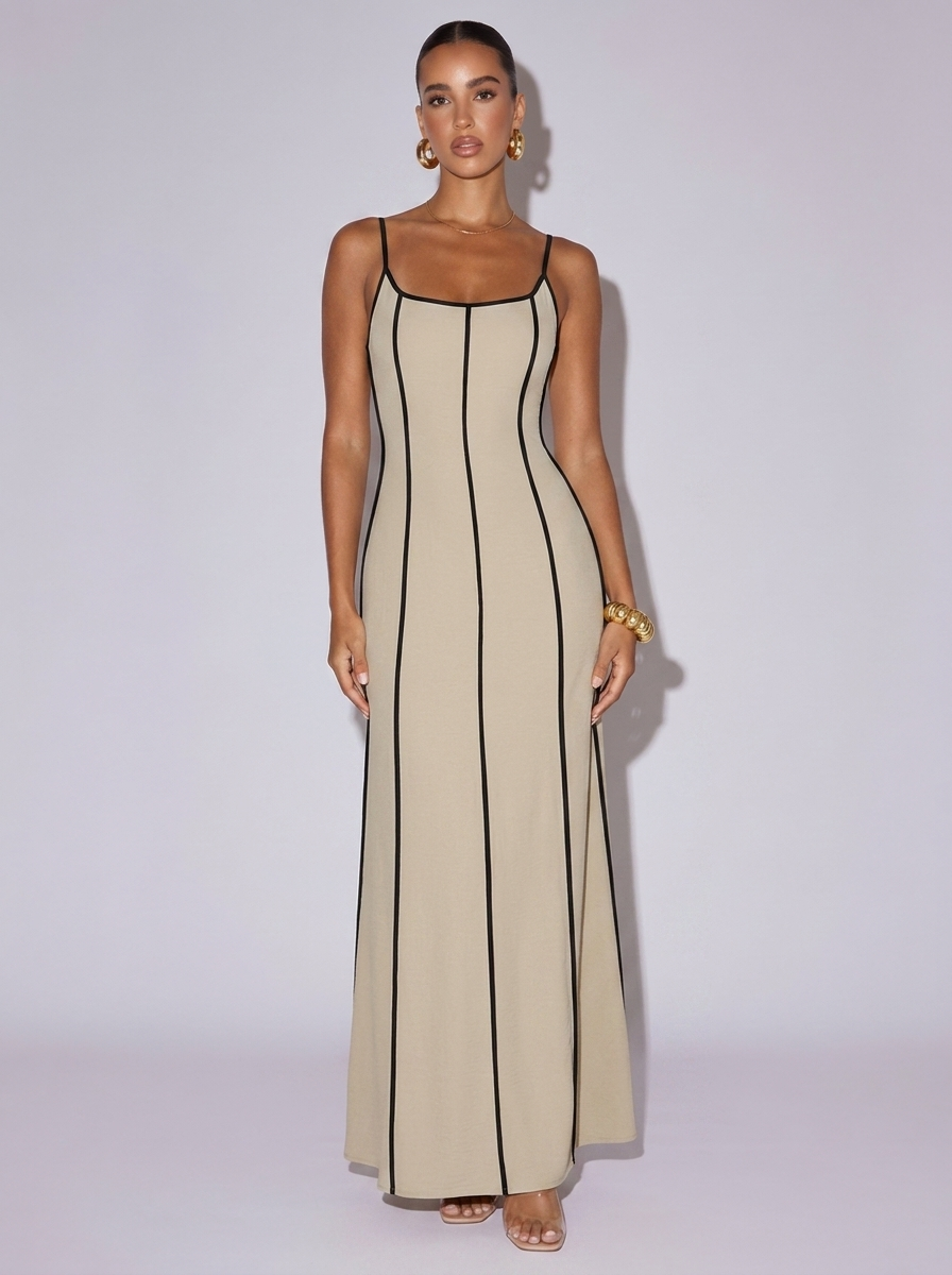 New York Contrast Trim Dress in Khaki