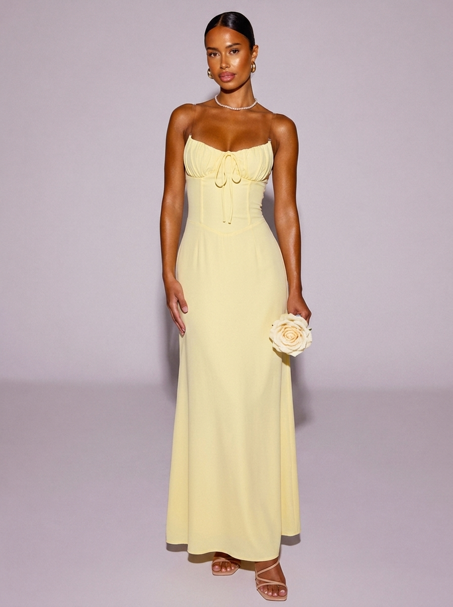 London Tie Front Spaghetti Strap Dress in Pastel Yellow