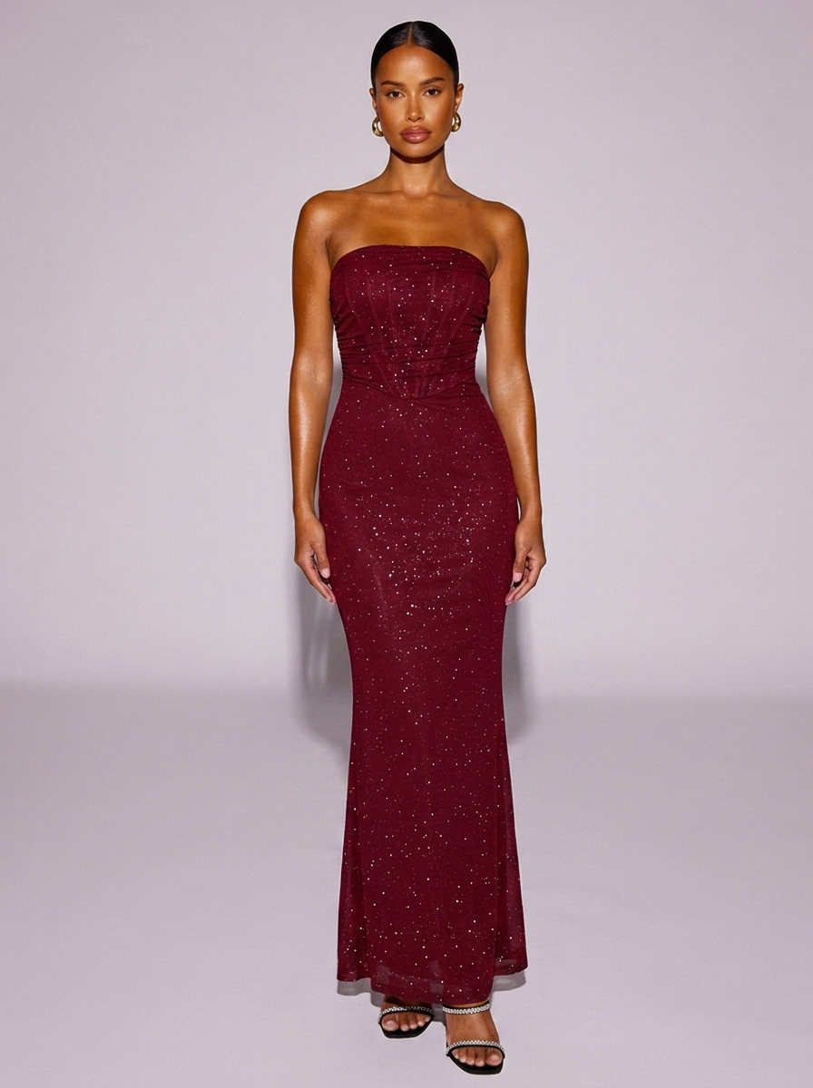 Monaco Glitter Mermaid Dress in Wine Red