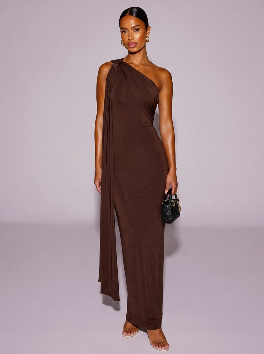 Los Angeles One-Shoulder Draped Dress in Brown