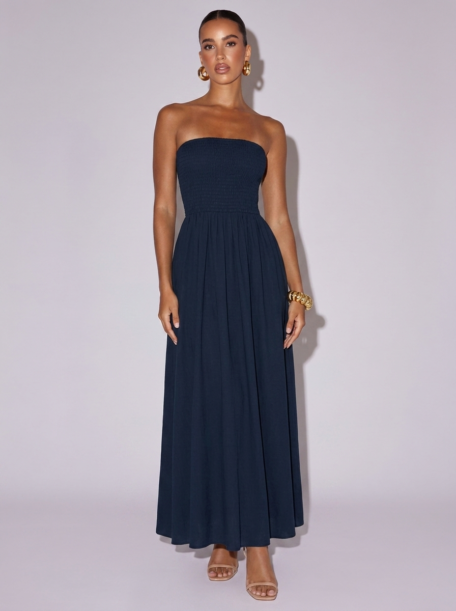 London Smocked Strapless Tube Dress in Dark Blue