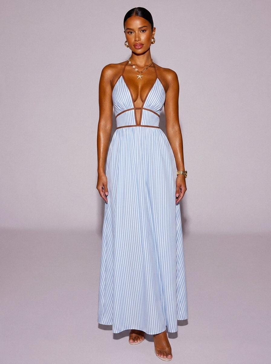 Santorini Tied Striped Halter Neck Dress in Light Blue