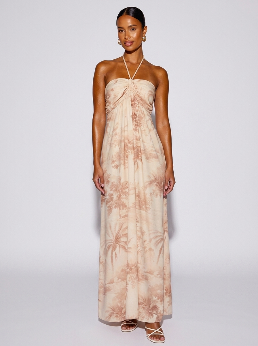 Rome Tropical Print Halter Neck Dress in Tan