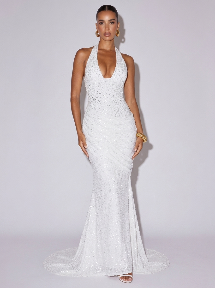Los Angeles Sequin Halter Neck Dress in White