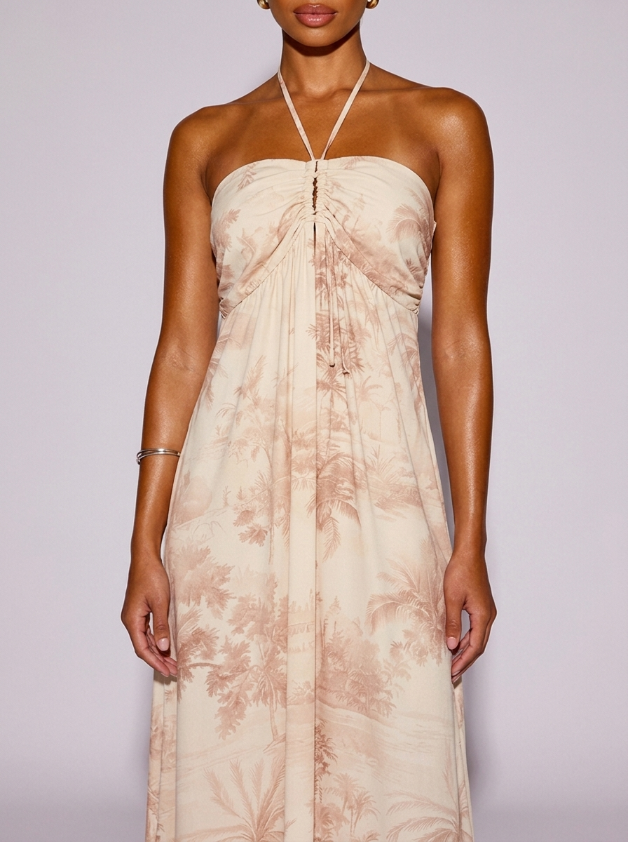 Rome Tropical Print Halter Neck Dress in Tan