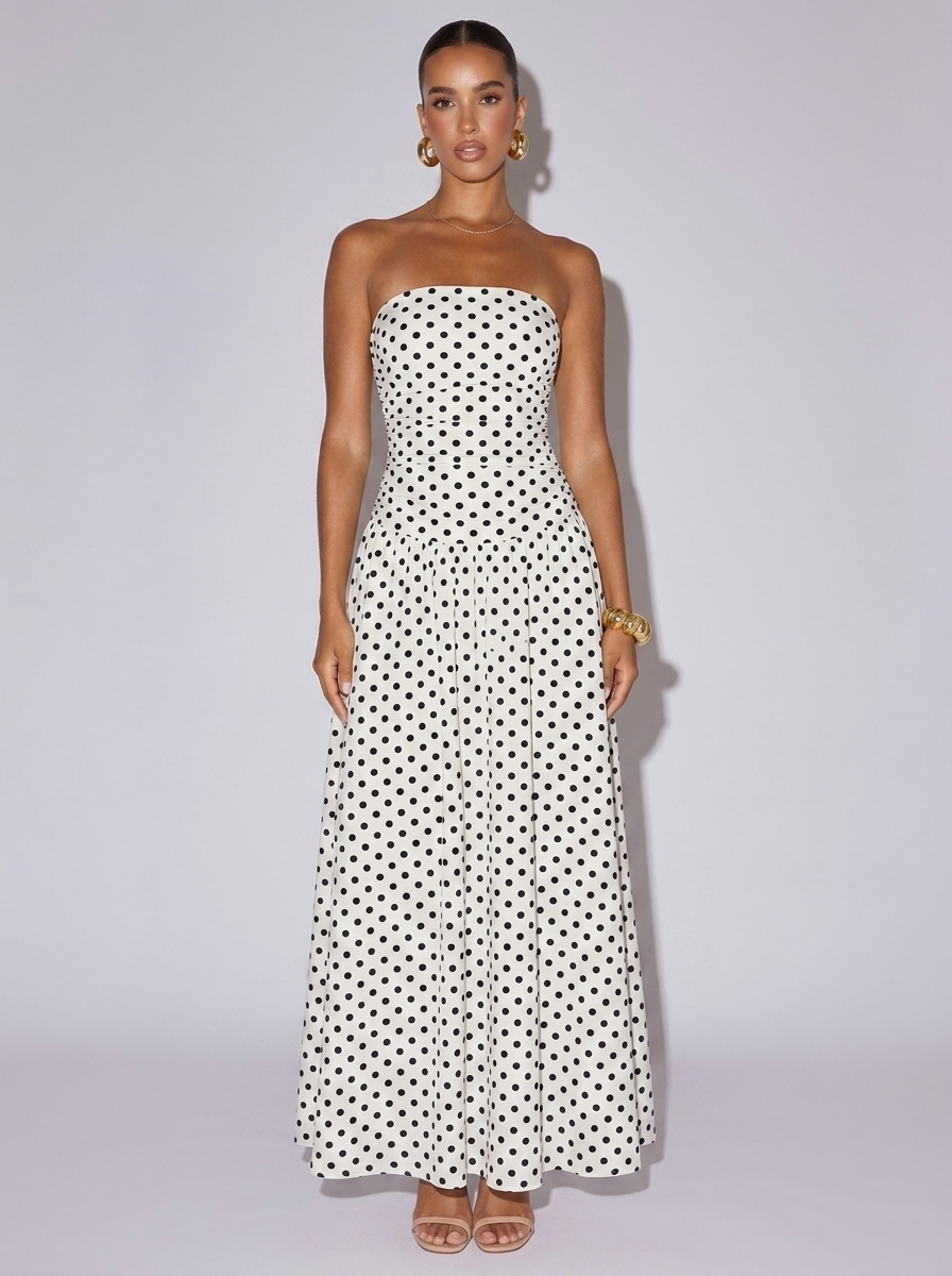 Paris Polka Dot Strapless Dress in White