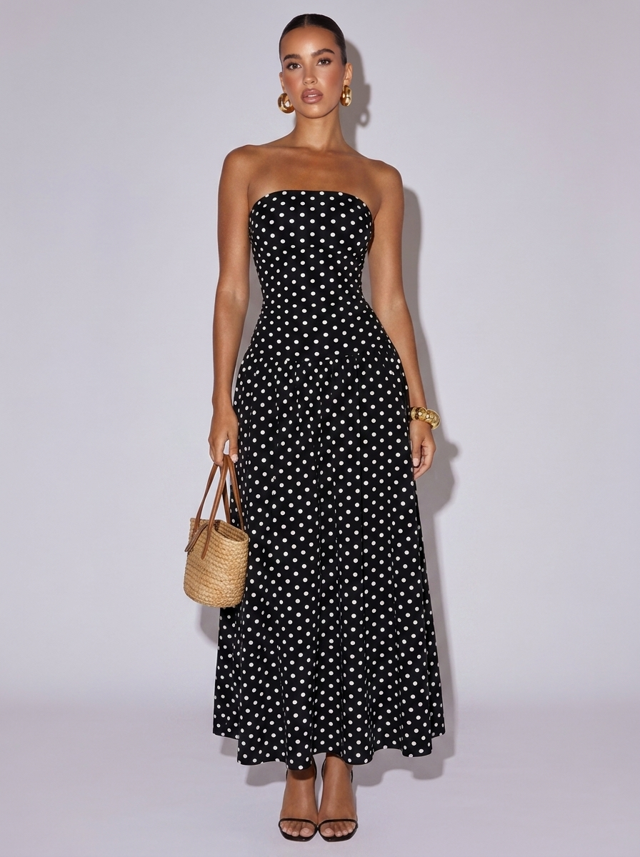 Paris Polka Dot Strapless Dress in Black