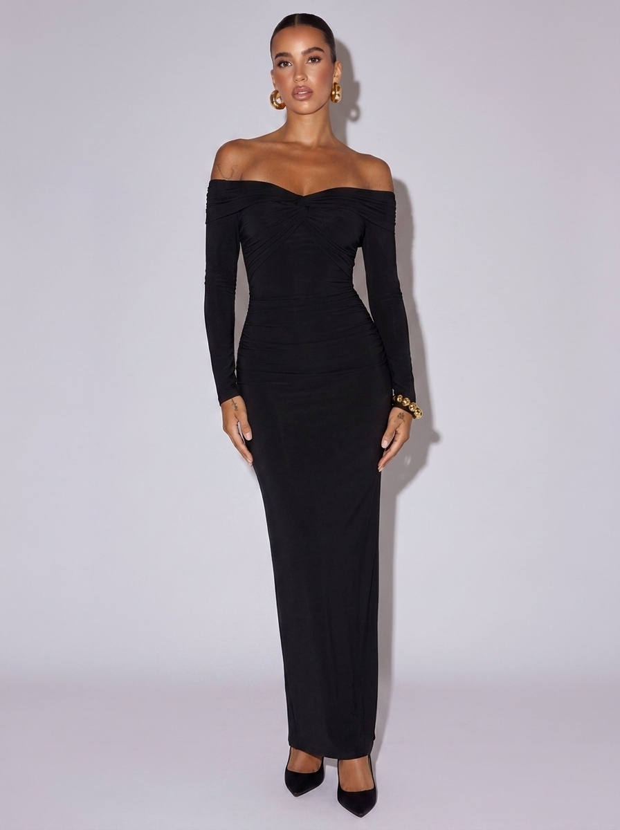 Miami Off-Shoulder Ruched Dress in Black
