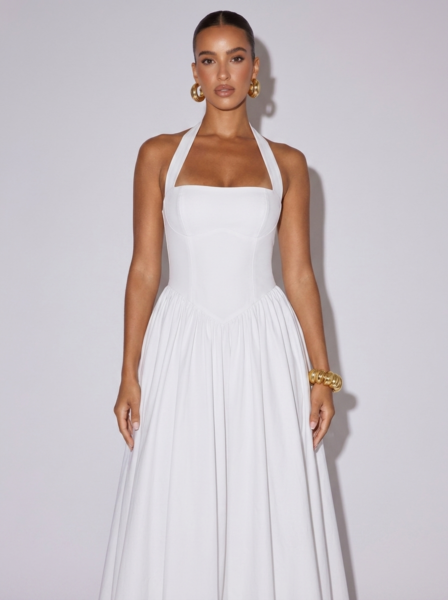 Paris Halter Neck A-Line Dress in White