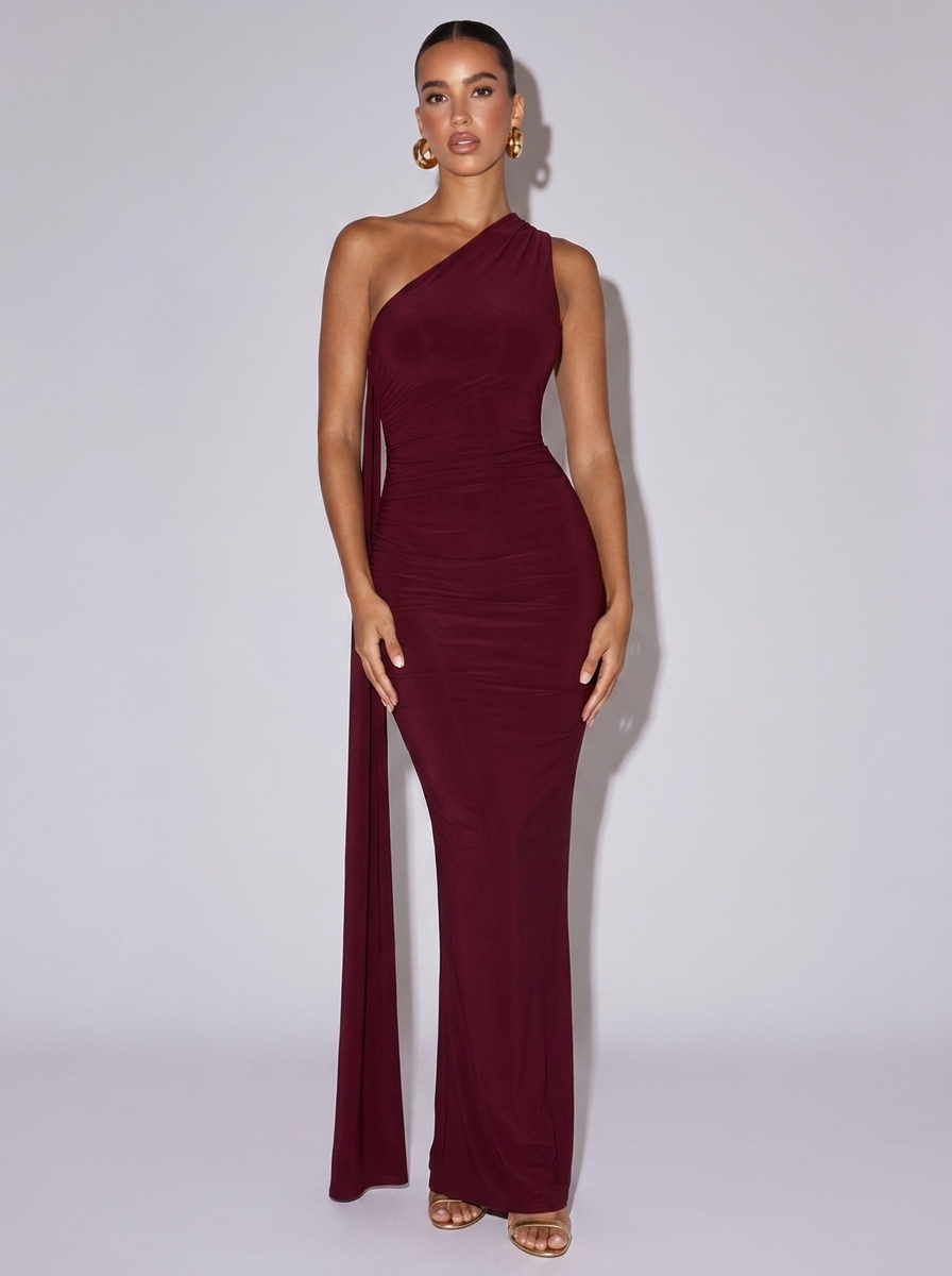 Monaco Backless One-Shoulder Ruched Bodycon Dress in Burgundy