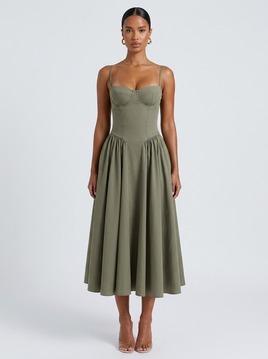 London Sweetheart Neck Dress in Khaki