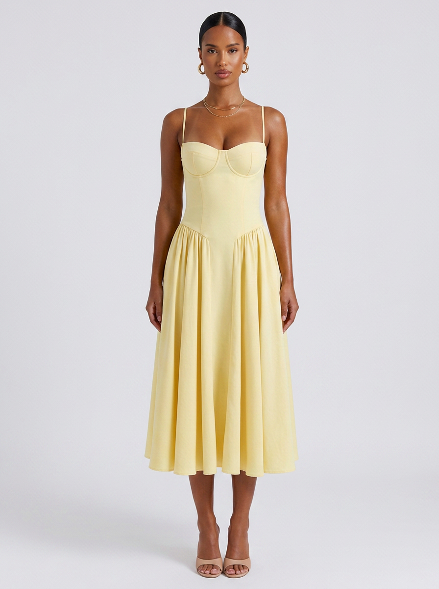 London Sweetheart Neck Dress in Pastel Yellow